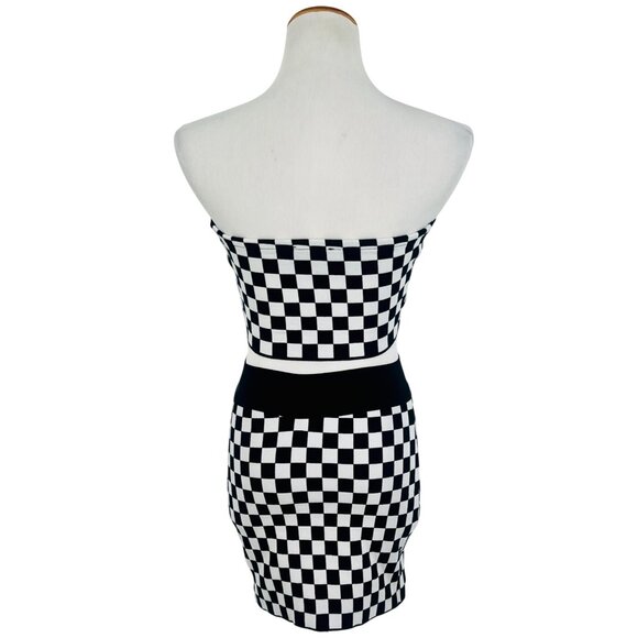 Checkered Black & White Buckle Front Crop Top & Mini Skirt Rave EDM 2 Piece Set - Picture 10 of 16